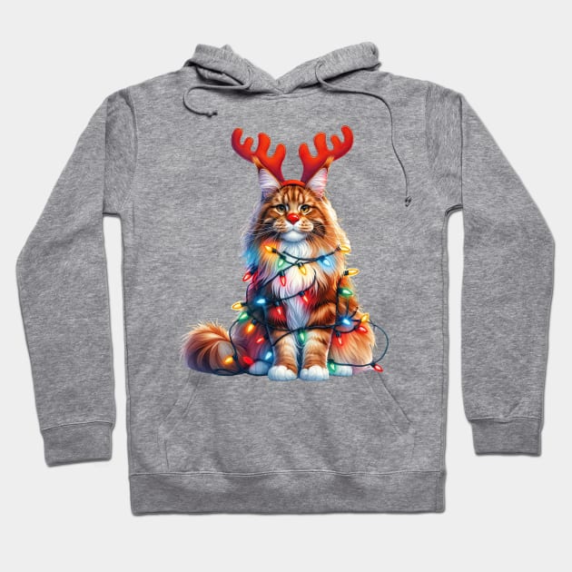 Christmas Red Nose Maine Coon Cat Hoodie by Chromatic Fusion Studio